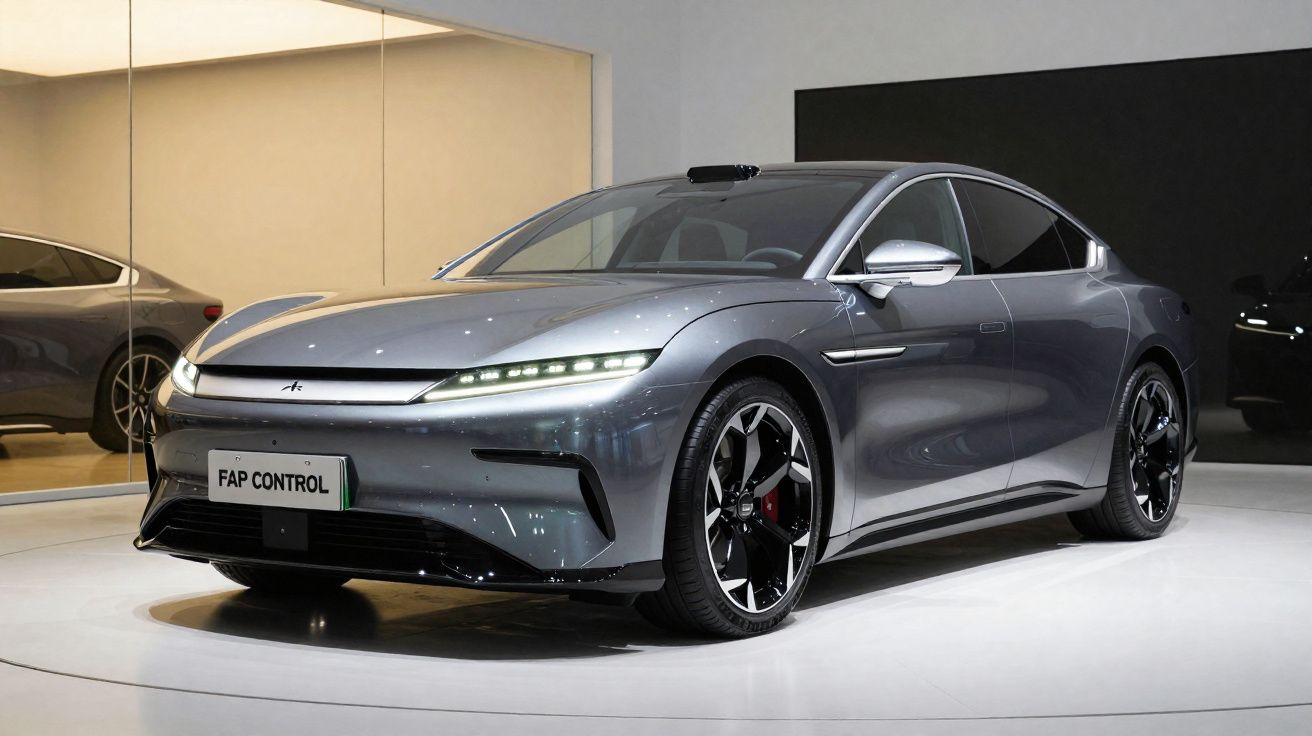 Carro elétrico cinza prateado com design moderno e faróis dianteiros estreitos exposto em showroom.