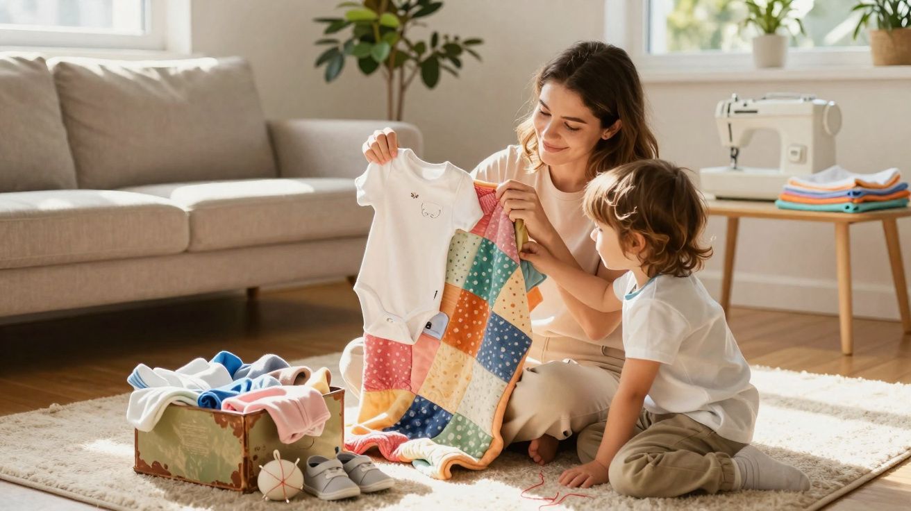 Mulher e criança sentados no chão com roupas e manta colorida, num ambiente claro e acolhedor.