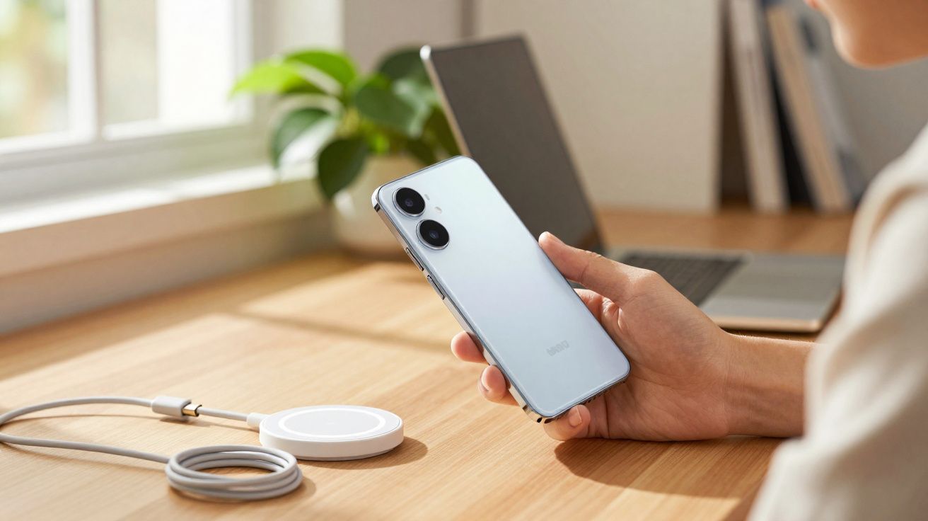 Pessoa a segurar um smartphone branco junto a um carregador sem fios e um portátil numa secretária.