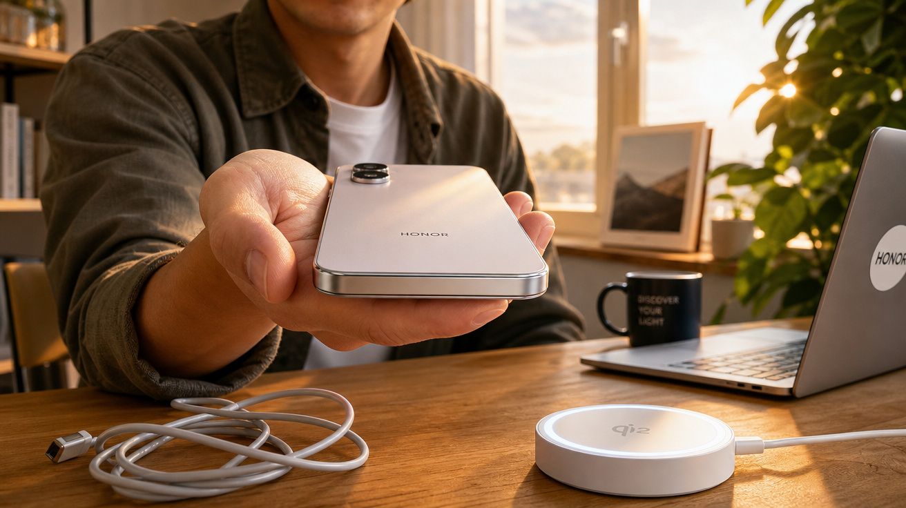Pessoa a mostrar um smartphone Honor perto de um carregador sem fios num ambiente de escritório caseiro.