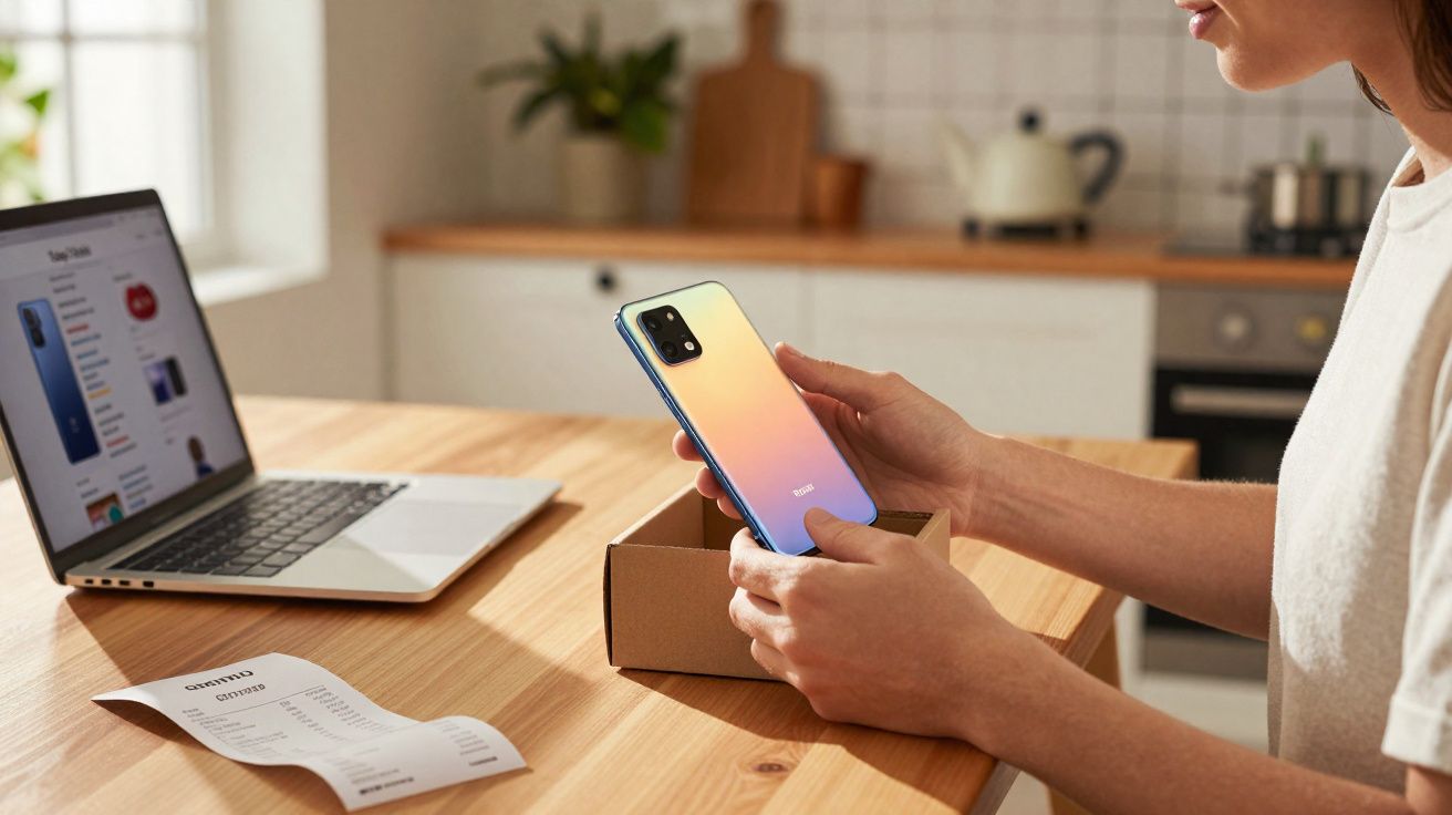 Pessoa a segurar telemóvel novo com caixa aberta, computador portátil e fatura numa mesa de cozinha.