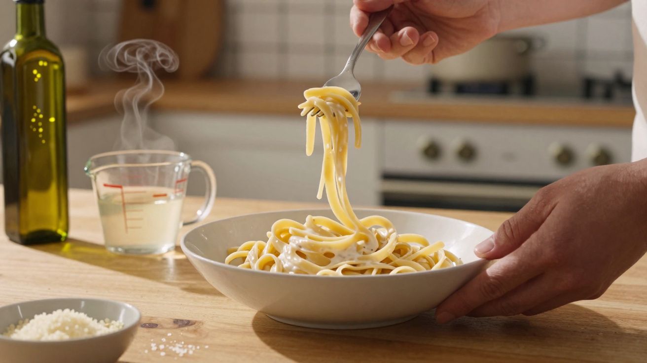 Prato de massa com molho branco a ser enrolada num garfo, sobre uma mesa com azeite e medidor de líquido a fumar.
