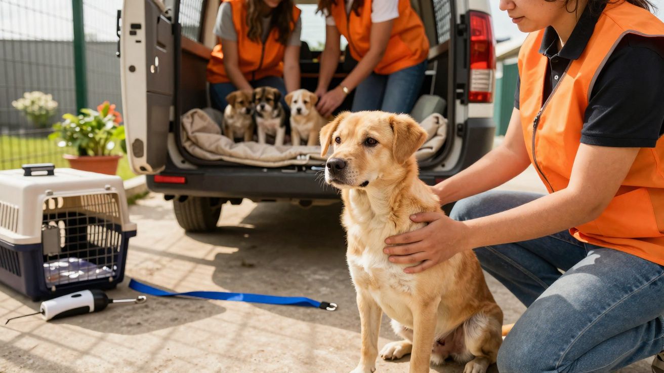 Voluntária com colete laranja a segurar um cão ao lado de carrinha com outros três cães no interior.