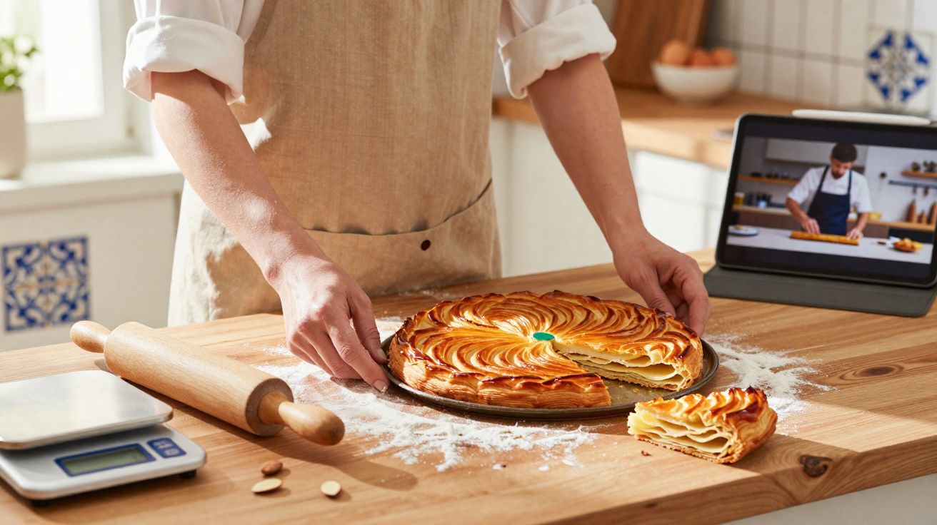 Pessoa com avental retira tarte de maçã de forma metálica numa cozinha, com tablet a mostrar receita.