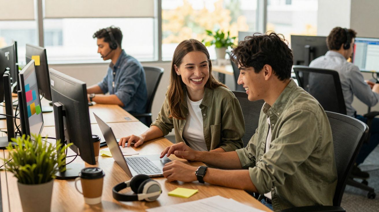 Jovens colegas a conversar sorridentes numa zona de trabalho moderna com computadores e acessórios de escritório.