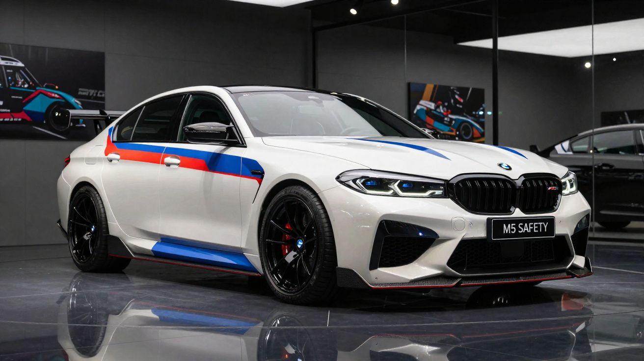 Carro BMW M5 branco com detalhes em azul e vermelho, em showroom com chão refletor e espelhos nas paredes.