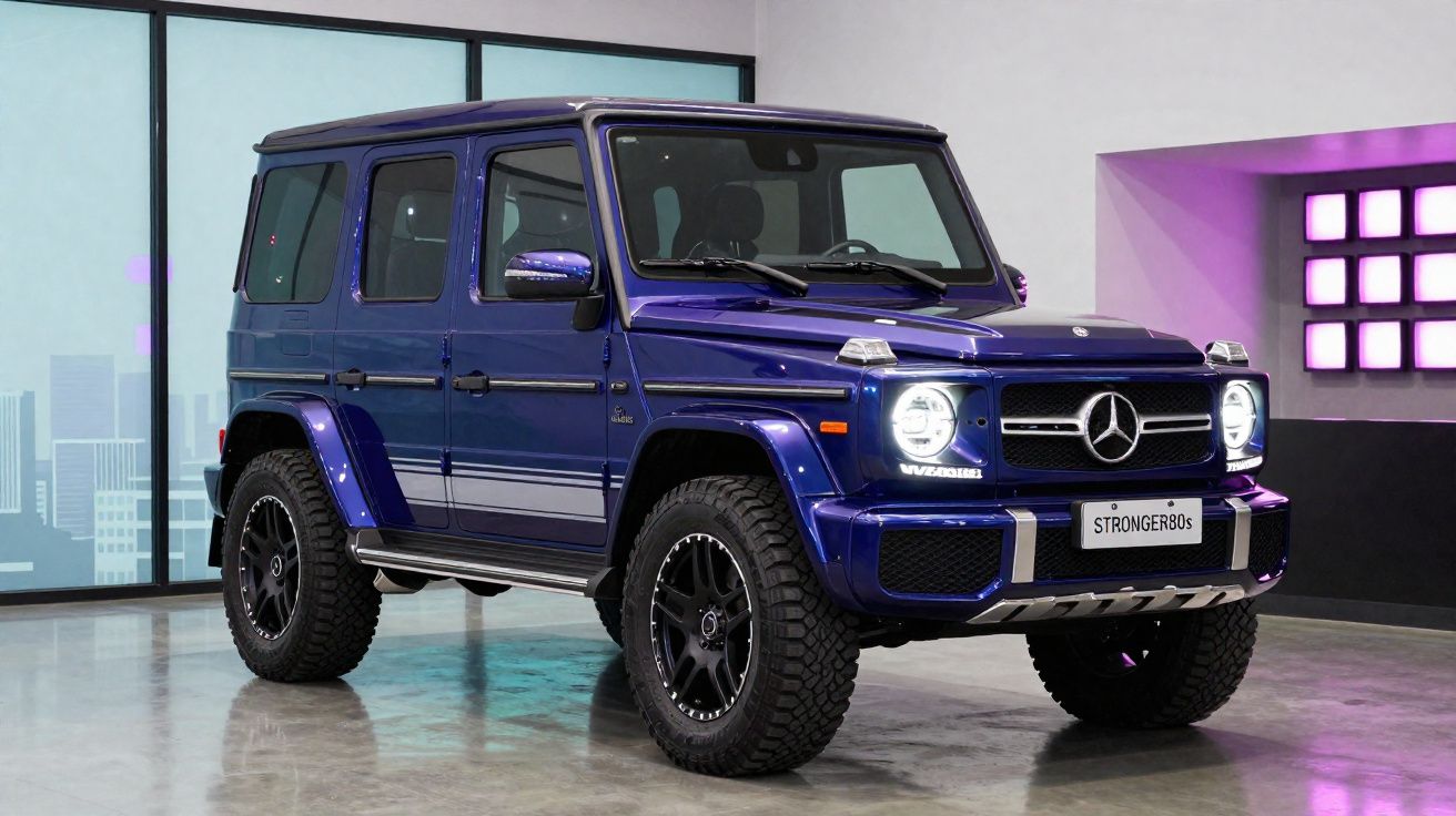 Carro Mercedes-Benz G-Class AMG azul estacionado em interior moderno com iluminação roxa.