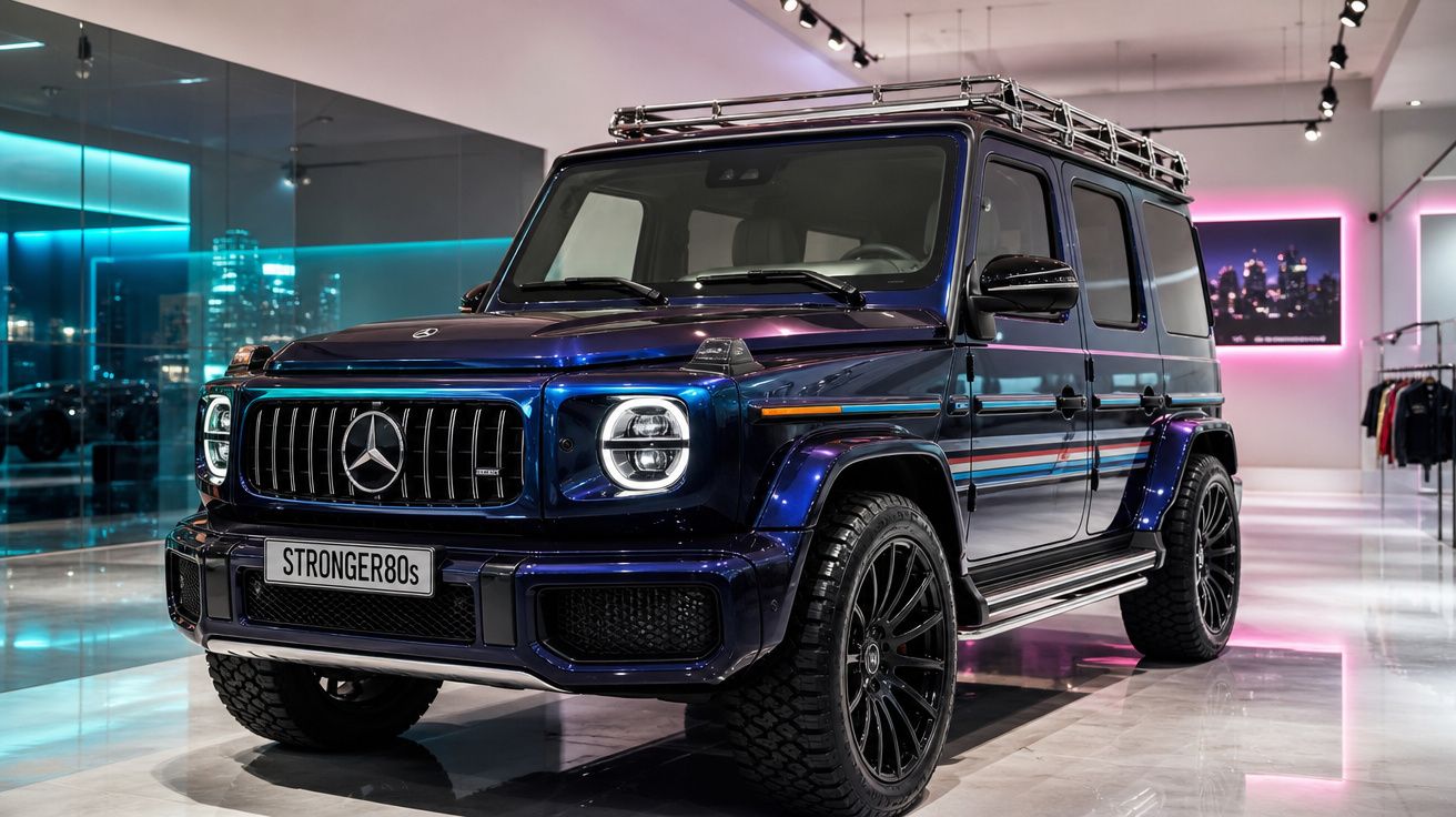 Mercedes-Benz G-Class azul metálico com faróis LED, pneus grandes e tejadilho com bagageira, em showroom moderno.