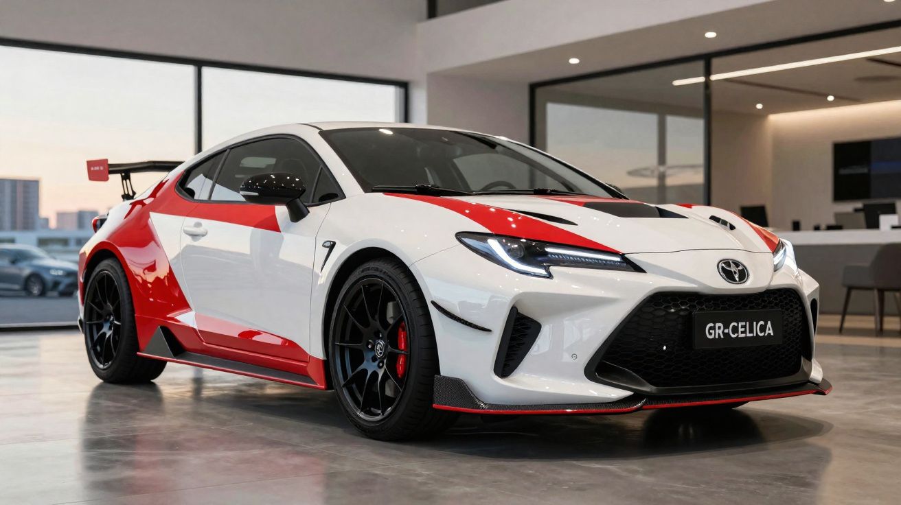 Carro desportivo Toyota GR-Celica branco e vermelho numa sala moderna com janelas amplas.