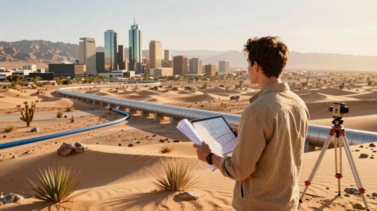 Homem com planta na mão observa tubagem no deserto com cidade ao fundo ao pôr do sol.
