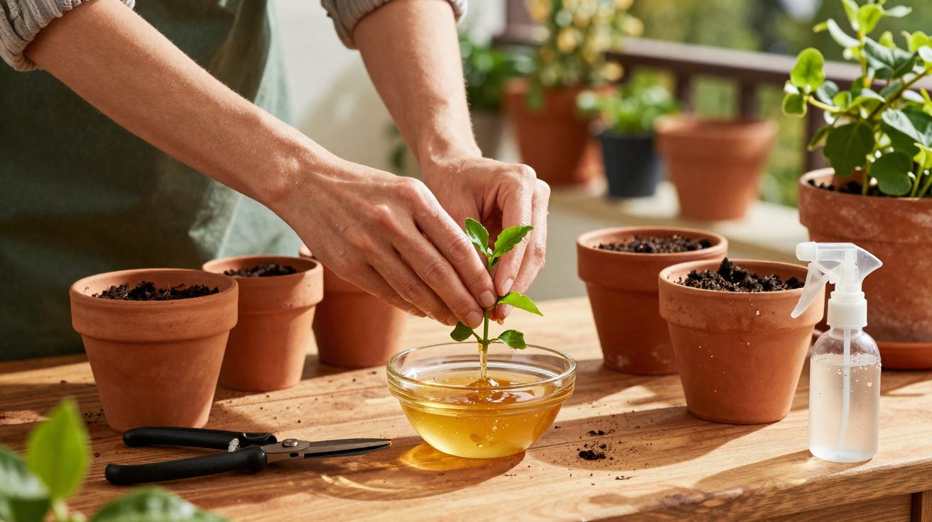 Pessoa a cuidar de uma planta, mergulhando-a em líquido amarelo junto a vasos de barro para jardinagem.