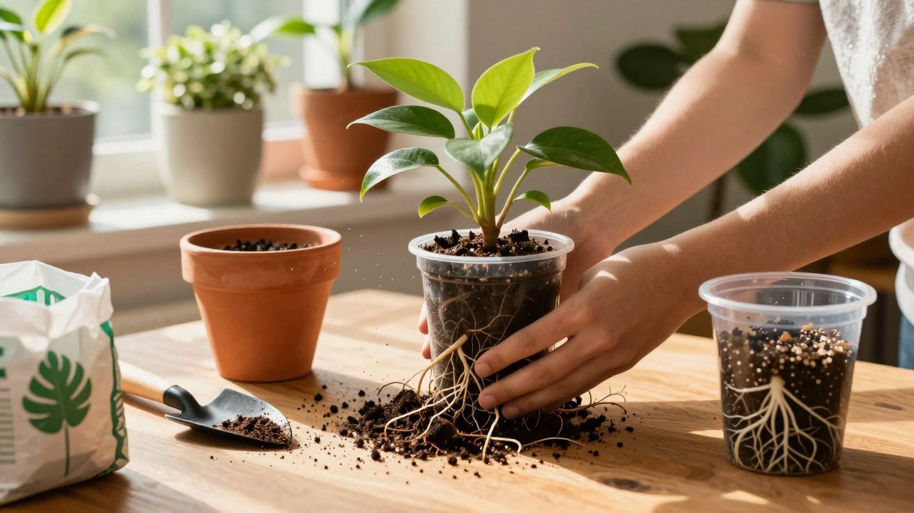 Pessoa transplantando planta jovem em vaso de plástico transparente sobre mesa de madeira.