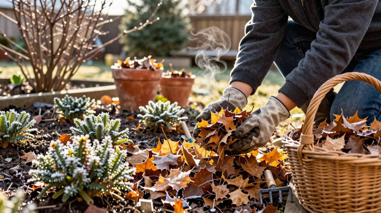 Pessoa a recolher folhas secas num jardim com plantas cobertas de geada ao amanhecer.
