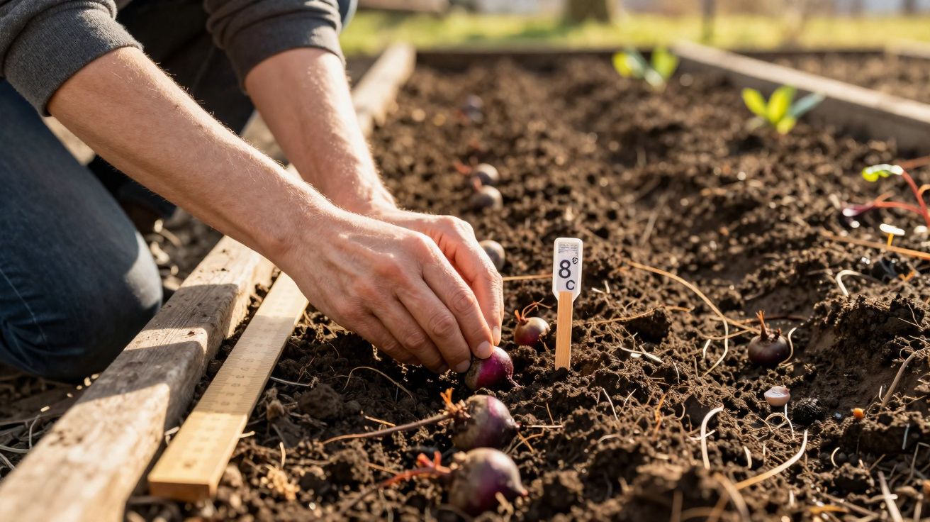 Pessoa a plantar cebolas roxas num canteiro de terra com uma régua de madeira ao lado.