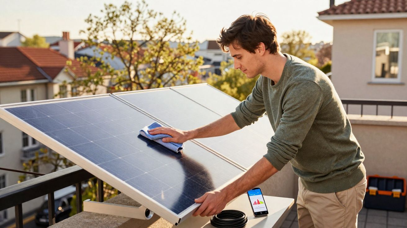 Homem limpa painel solar numa varanda residencial ao pôr do sol com telemóvel ao lado.