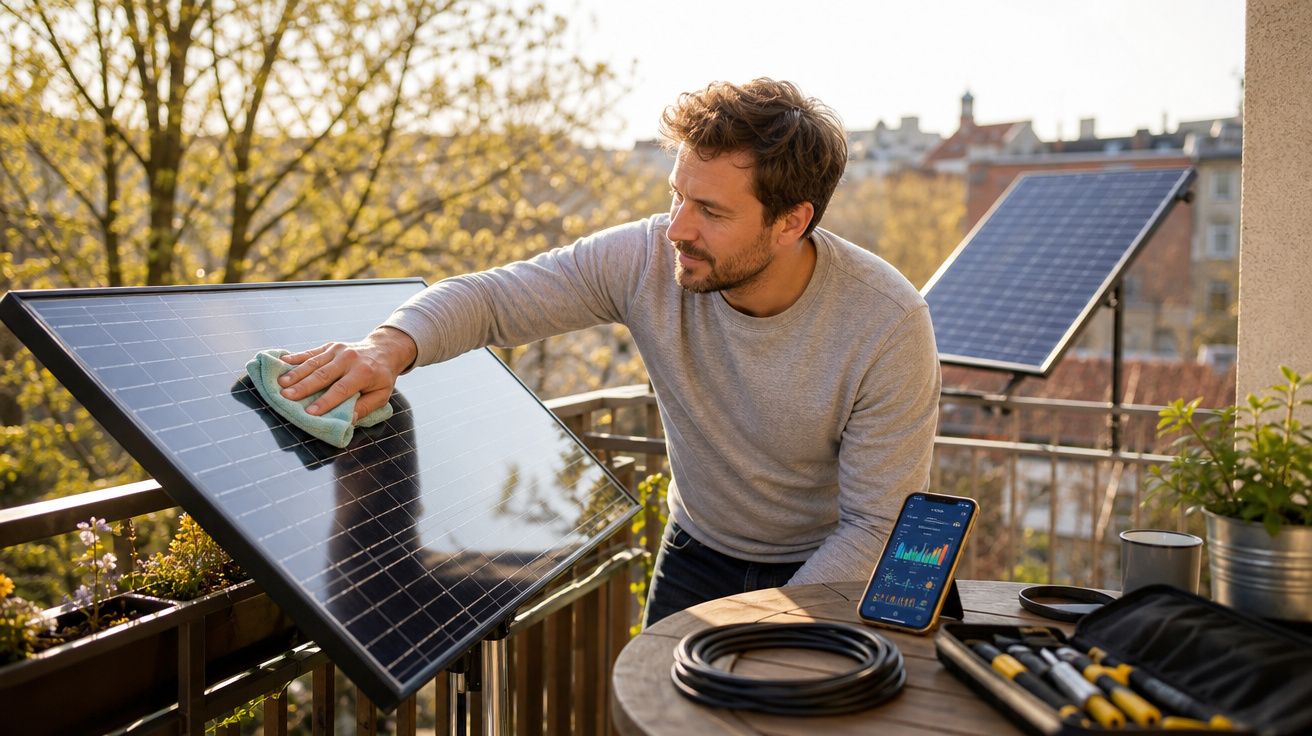 Homem a limpar painel solar numa varanda com ferramentas e smartphone ao lado num dia soalheiro.