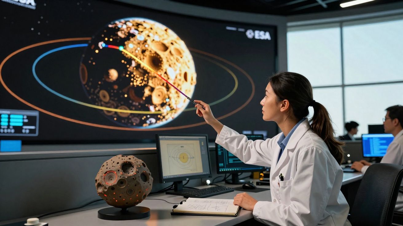 Cientista em laboratório espacial analisa modelo e projeção digital de um planeta com crateras.