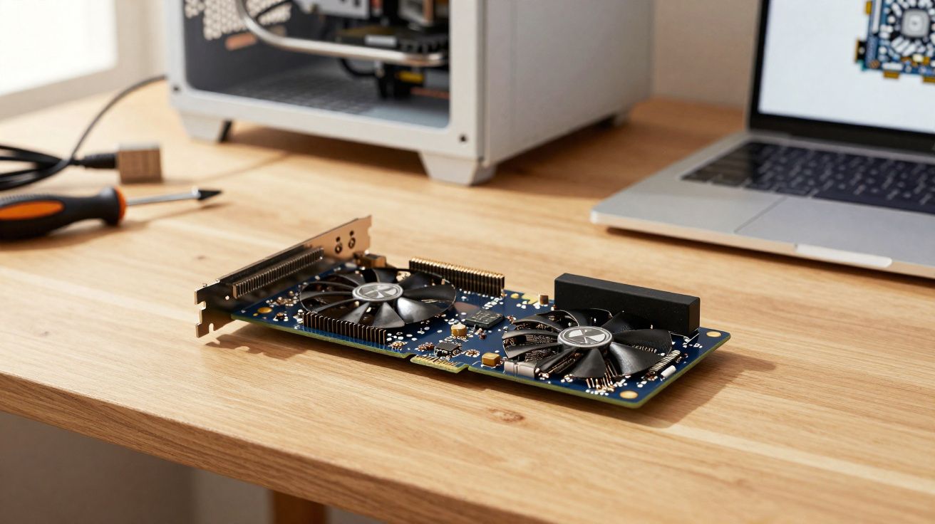 Placa gráfica sobre mesa de madeira com computador aberto, computador portátil e ferramentas à volta.