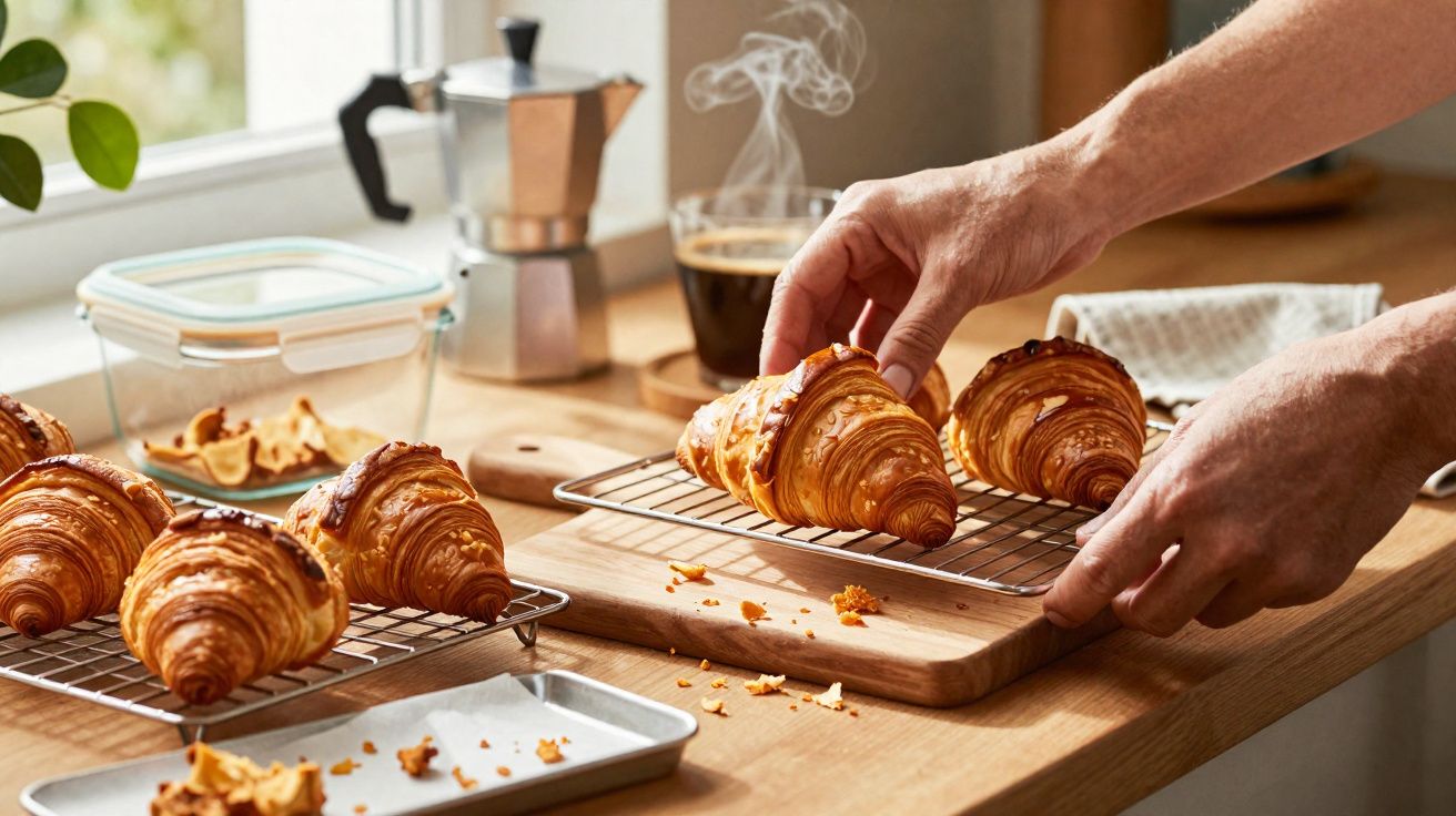 Mãos a apanhar croissants quentes numa cozinha com tabuleiro, café e janela ao fundo.