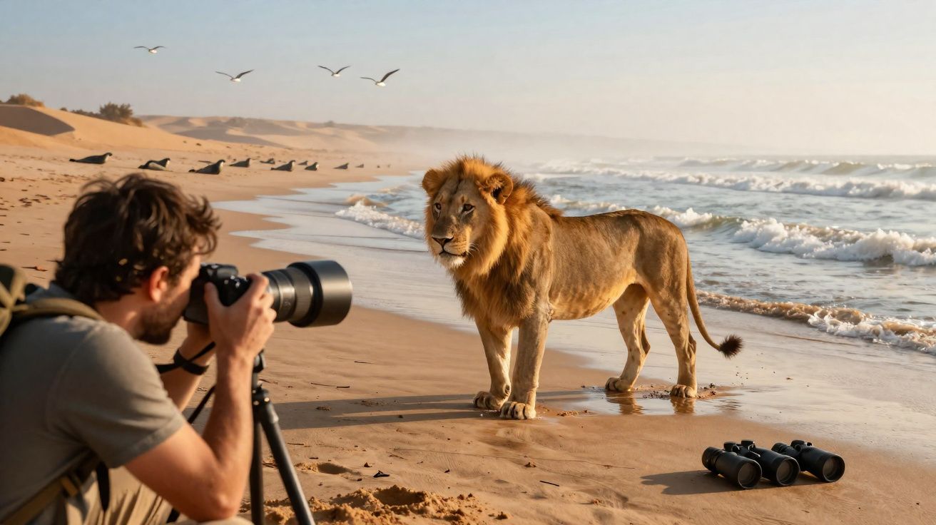 Fotógrafo a tirar foto de um leão macho parado numa praia junto ao mar ao amanhecer.