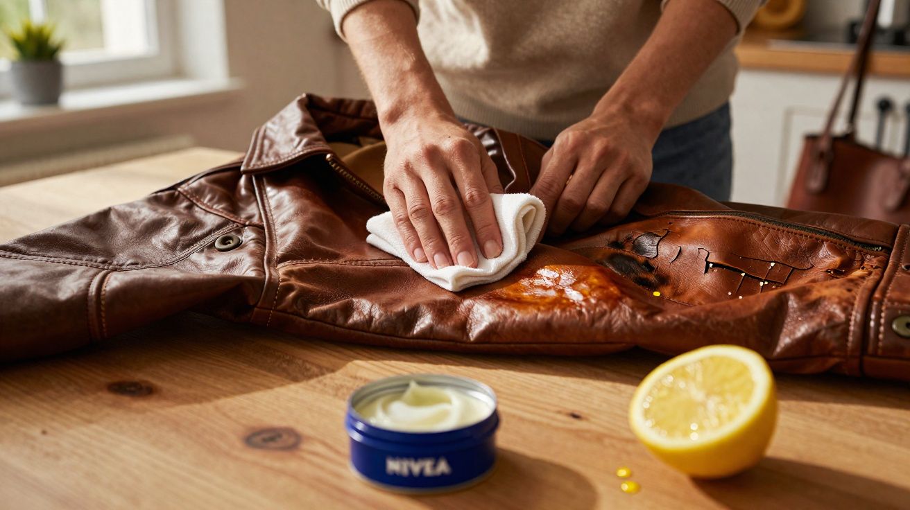 Pessoa a limpar e hidratar uma jaqueta de couro com creme Nivea e limão numa mesa de madeira.
