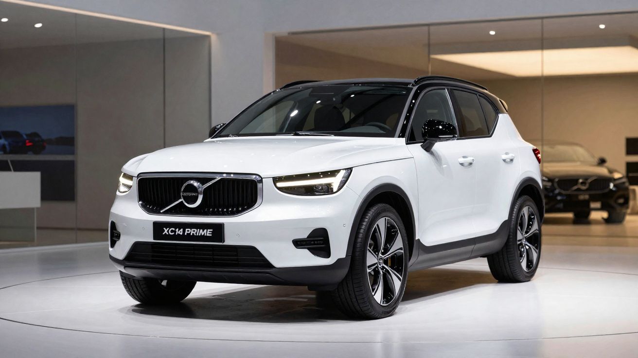 Automóvel Volvo XC14 Prime branco com teto preto exibido em salão moderno de carros.