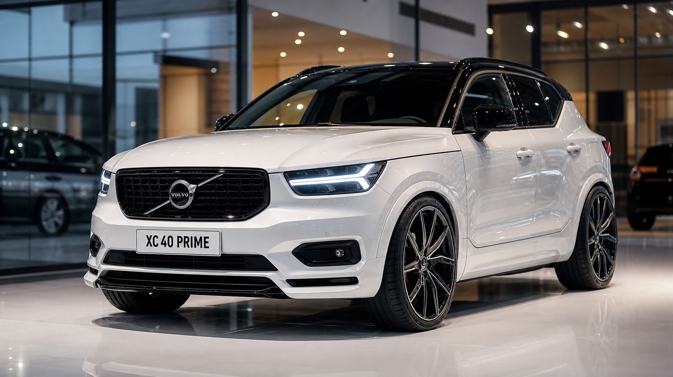 Carro Volvo XC 40 Prime branco com tejadilho preto exposto numa sala de exposição moderna.