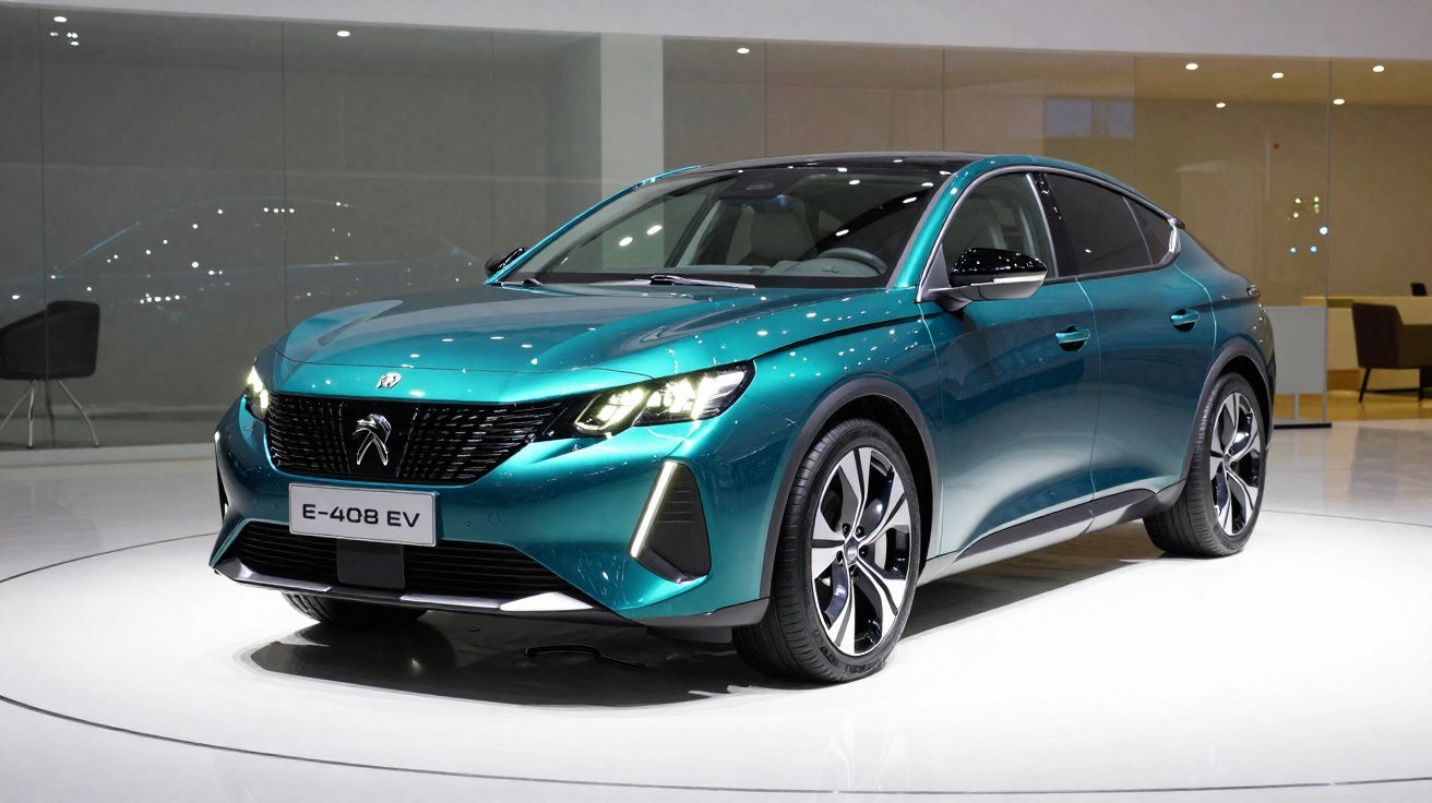 Carro elétrico Peugeot E-408 EV azul exposto em salão com iluminação moderna e fundo neutro.