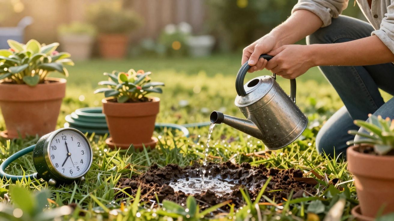 Pessoa a regar uma planta com um regador de metal num jardim ao ar livre, com relógio no chão.