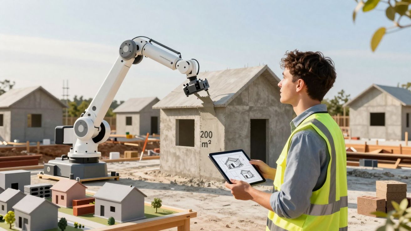Engenheiro com colete refletor controla braço robótico que constrói casa em maquete numa área de construção.