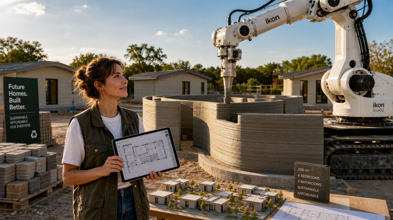Mulher com tablet observa construção de casa feita por impressora 3D num estaleiro com modelo de miniaturas.