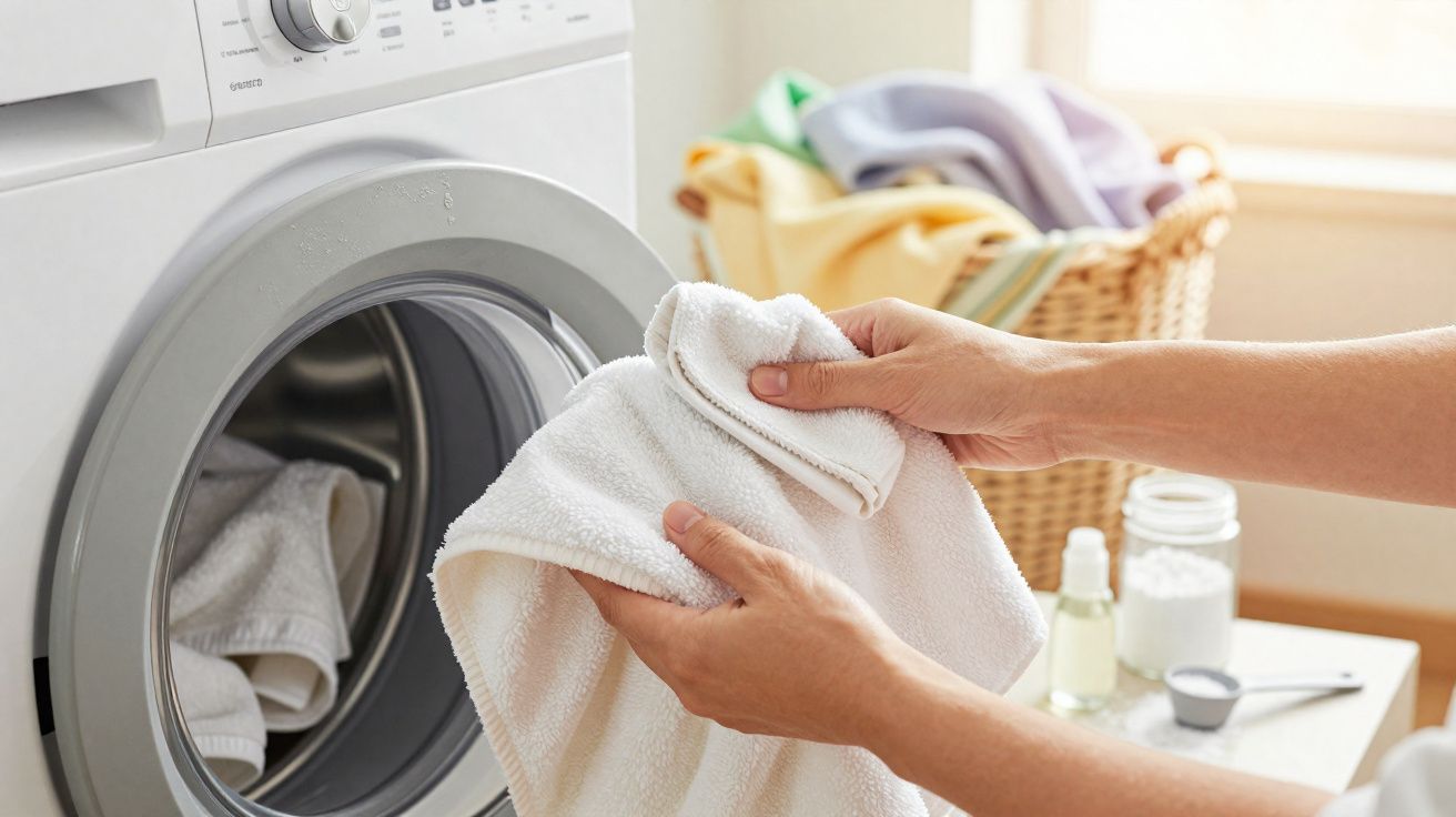 Mãos a segurar uma toalha branca junto a uma máquina de lavar roupa com roupas dentro.