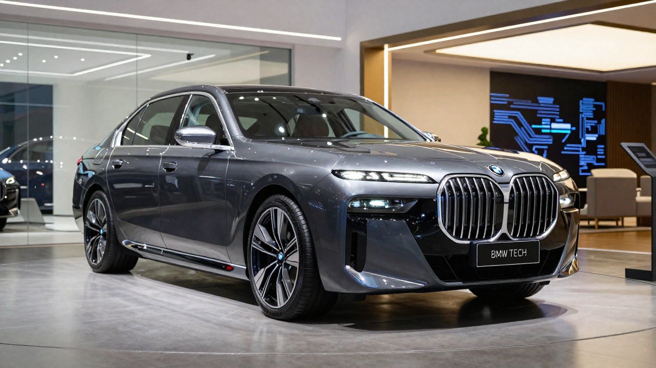 Automóvel BMW cinzento luxo em exposição num salão moderno com iluminação interior.
