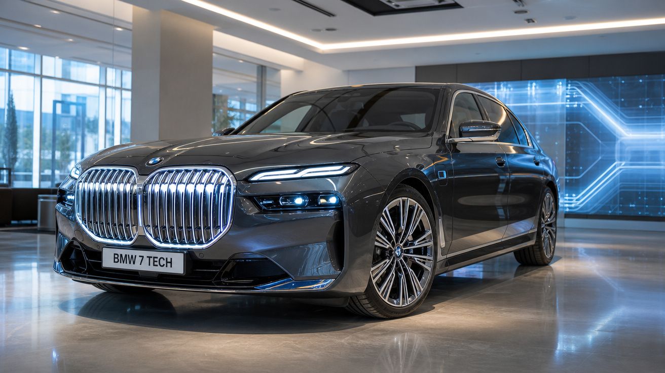 Automóvel cinzento BMW 7 TECH estacionado em espaço interior moderno com luzes LED ligadas.