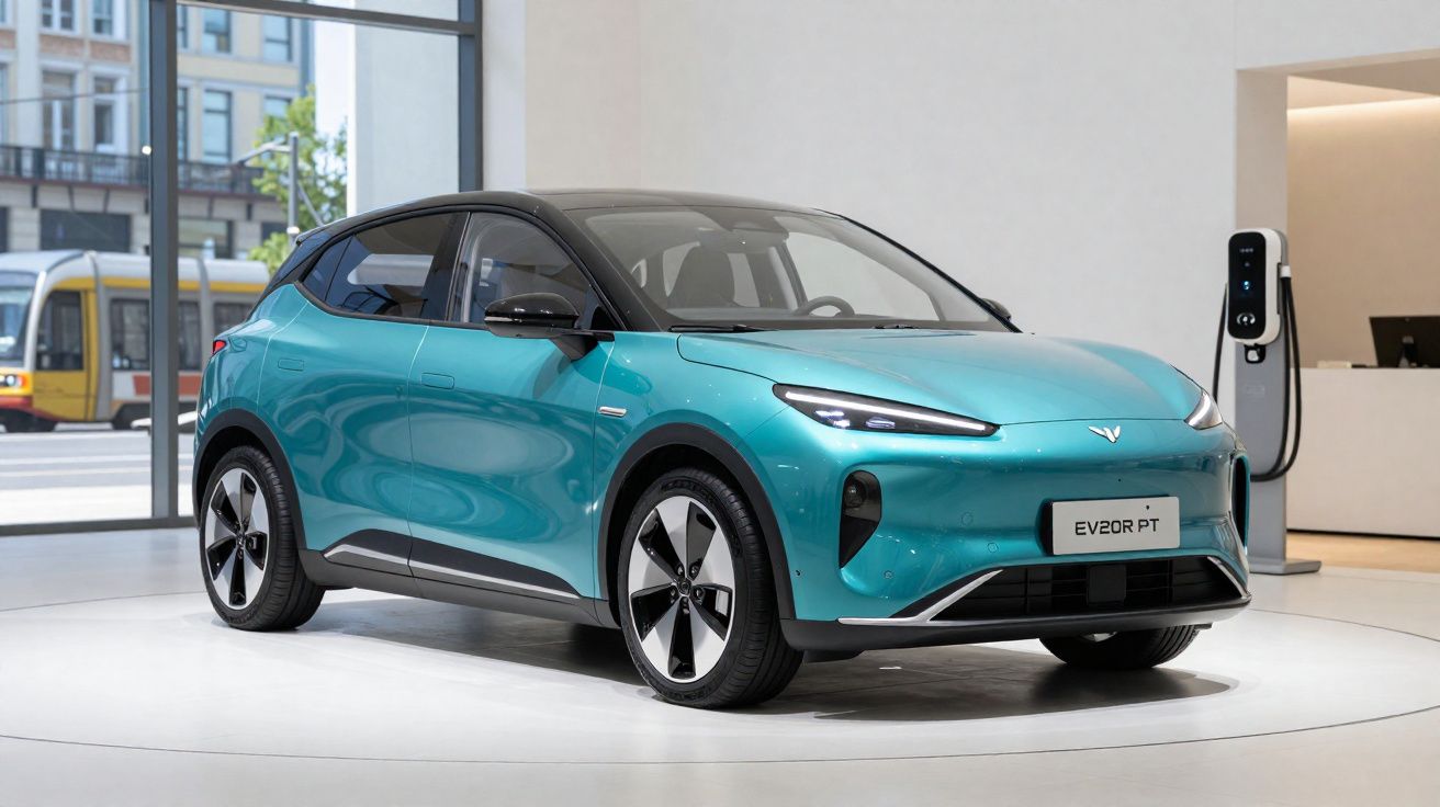 Carro elétrico azul turquesa modelo EV20R PT em exposição numa sala com carregador elétrico ao fundo.
