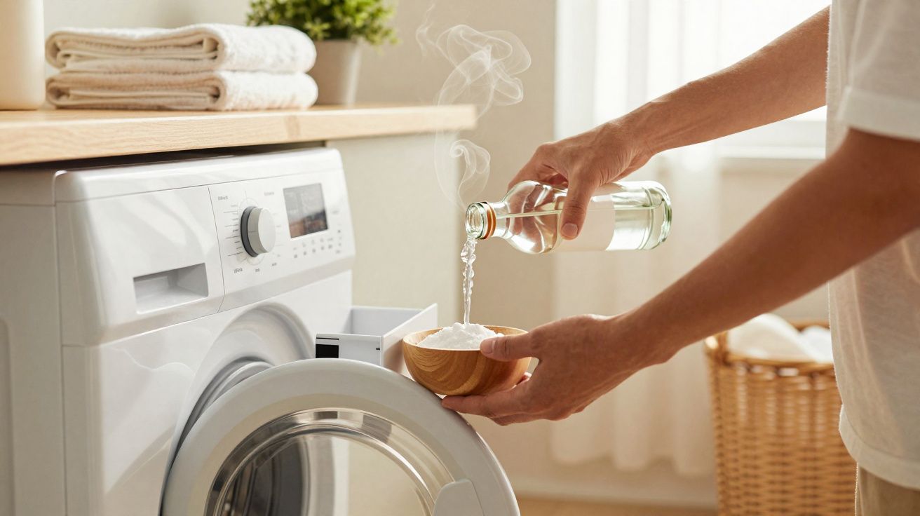 Pessoa a preparar detergente natural com vinagre branco para máquina de lavar roupa branca.
