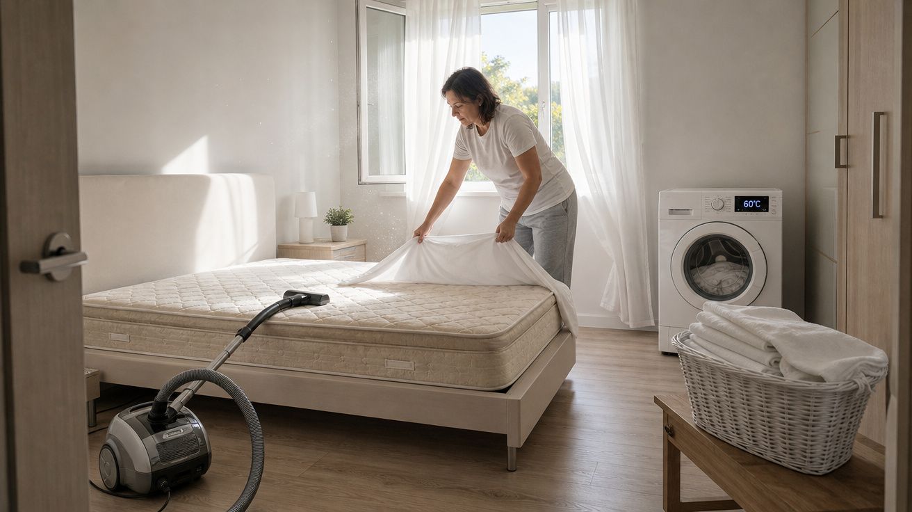 Mulher a arrumar a cama num quarto claro, com aspirador no chão e cesto de roupa junto à máquina de lavar.