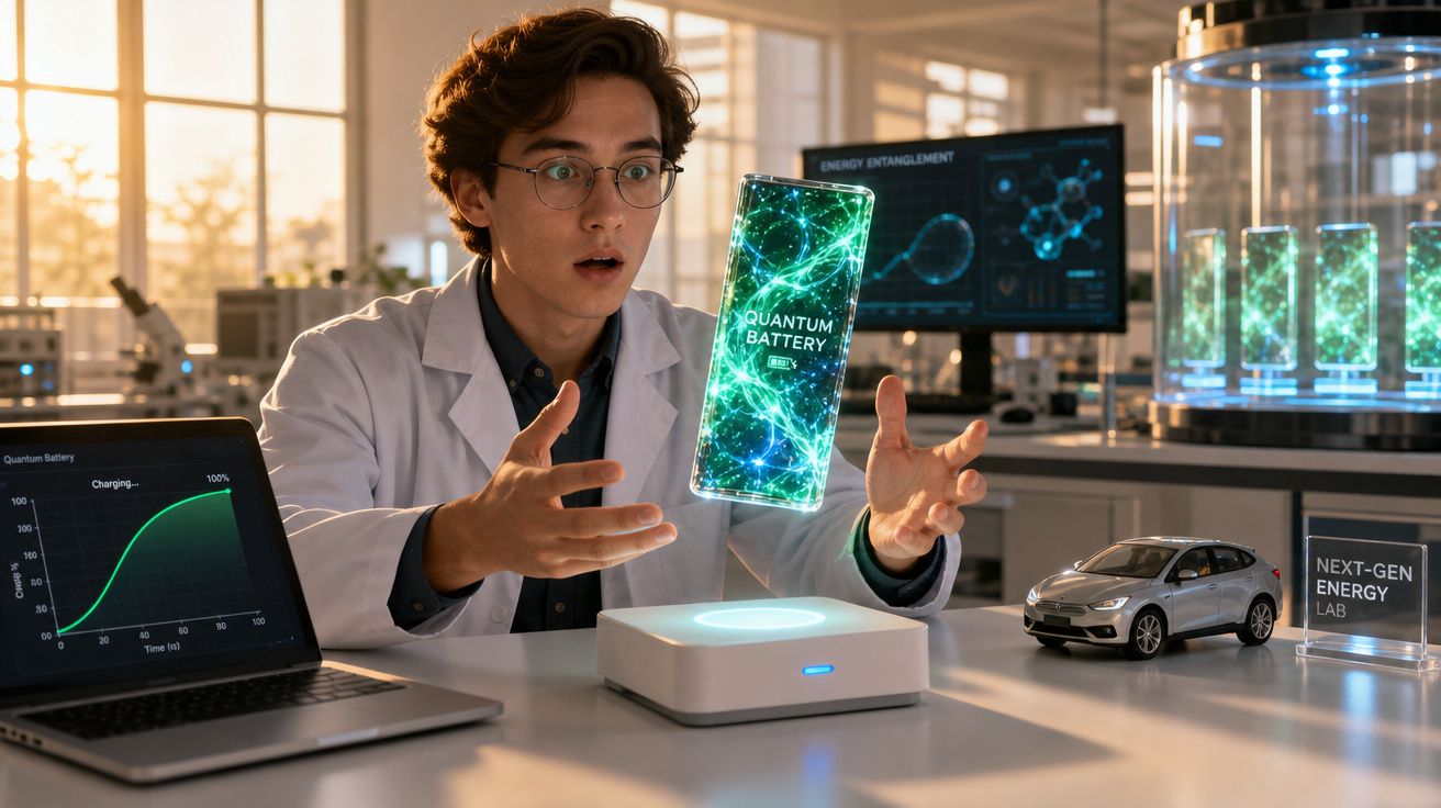 Cientista surpreendido observa holograma de bateria quântica num laboratório de energia futurista.