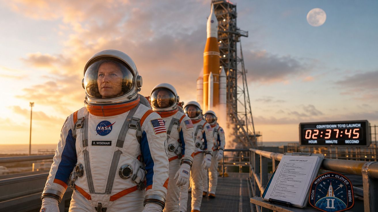 Quatro astronautas em fato espacial na fila, com um foguetão e a Lua ao fundo ao pôr do sol.