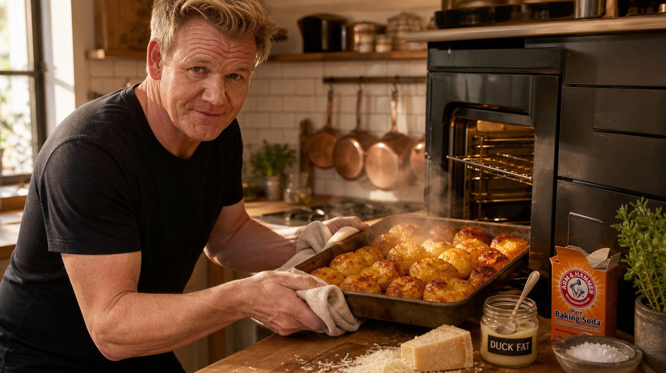 Homem retira tabuleiro de batatas assadas do forno numa cozinha rústica e bem iluminada.