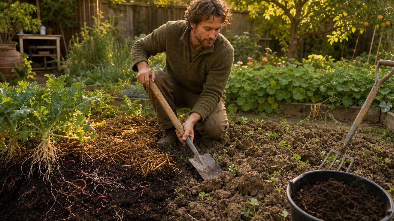 Homem a cultivar a terra num jardim, a usar uma pá para revolver o solo junto a plantas.