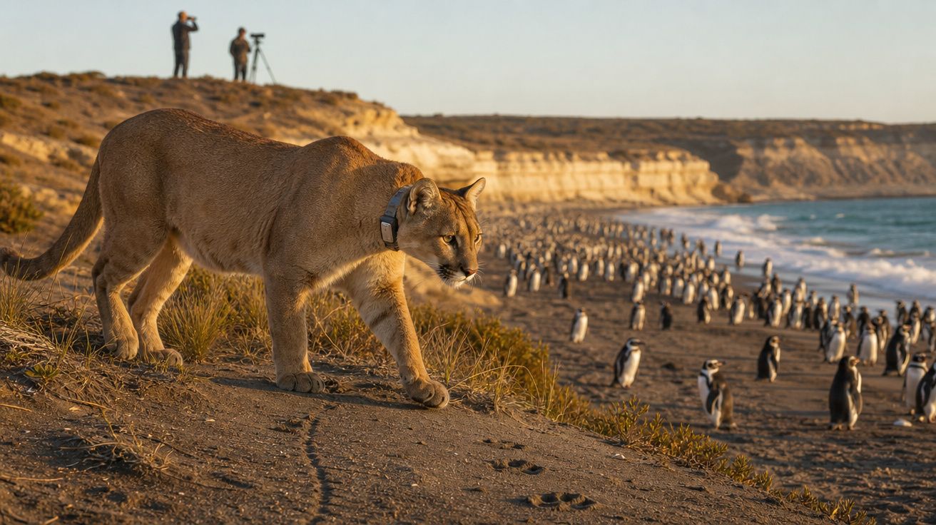 Puma com colar de rastreamento aproxima-se de colónia de pinguins na praia ao pôr do sol, com fotógrafos ao fundo.