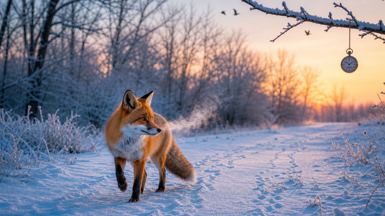 Raposa na neve visível pelo ar gelado, com relógio de bolso pendurado em ramo ao pôr do sol.