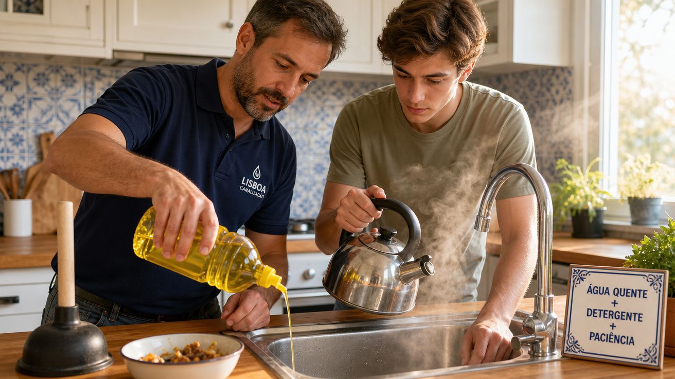 Homem a ensinar jovem a lavar loiça com óleo, chaleira a libertar vapor na cozinha iluminada.