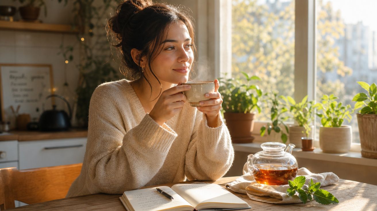Mulher sentada à mesa a beber chá, olhando pela janela, com caderno aberto e planta ao fundo.