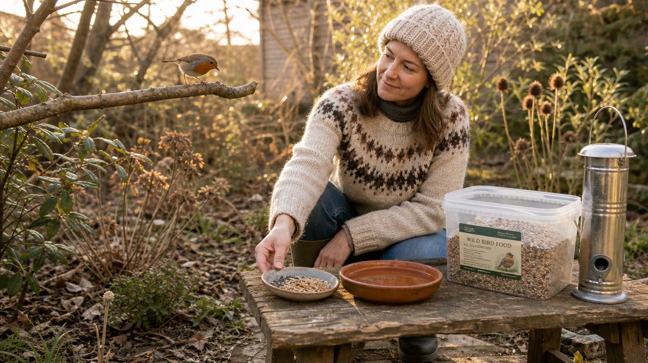 Mulher de gorro e camisola a alimentar um pássaro num jardim com sementes para aves silvestres.