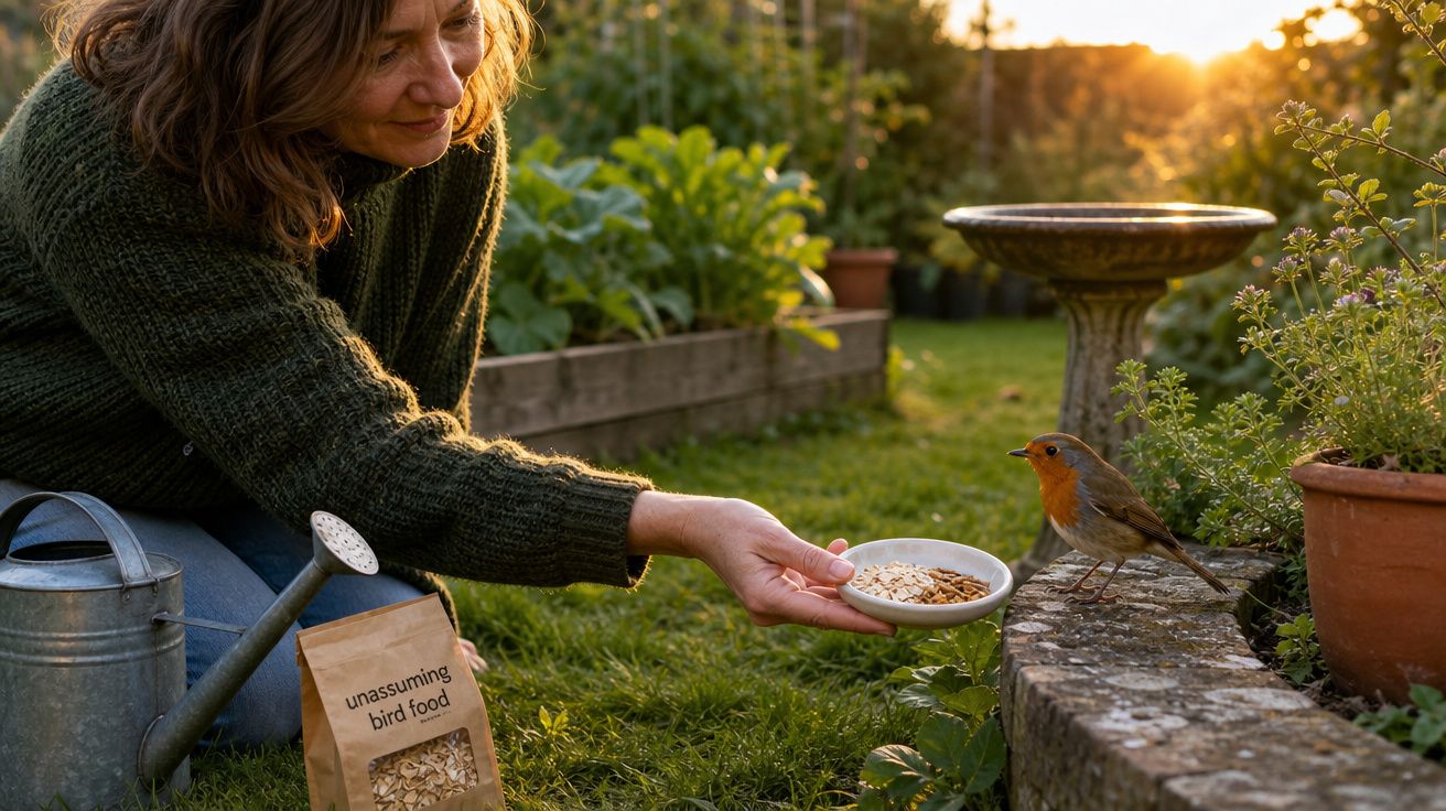 Mulher alimenta um pardal com sementes num jardim ao entardecer, junto a regador e vasos de plantas.