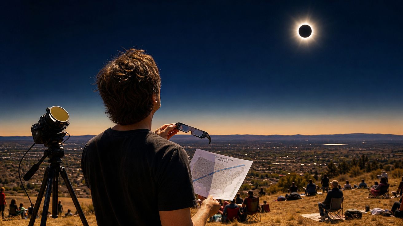 Pessoa observa eclipse solar com óculos especiais e mapa, grupo de pessoas no campo e cidade ao fundo ao pôr do sol.