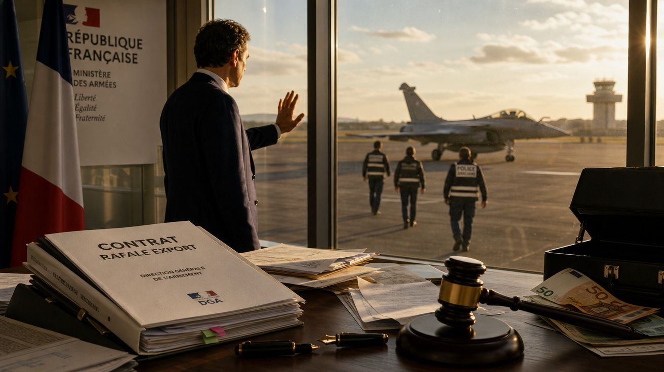 Homem de terno observa a pista de aeroporto onde polícia e avião militar estão, com documentos e dinheiro na secretária.