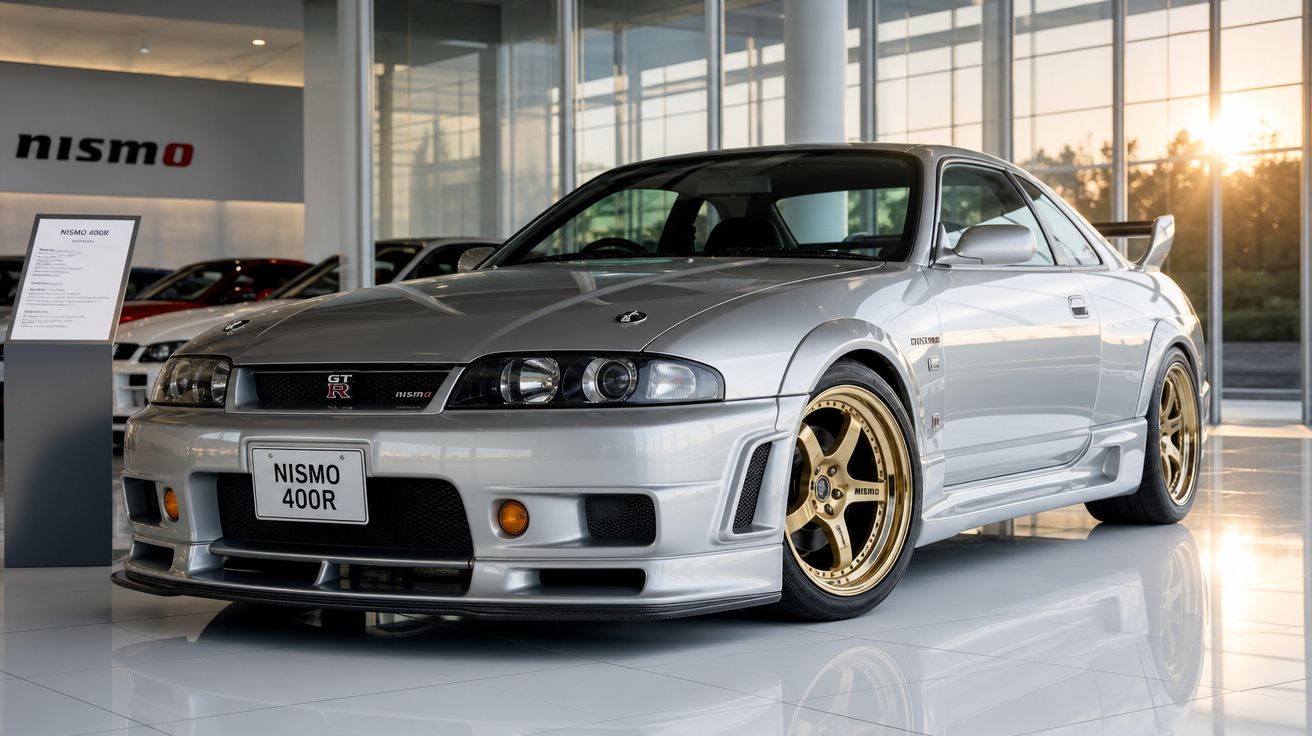Carro desportivo Nissan NISMO 400R prateado com jantes douradas, exposto em showroom moderno.